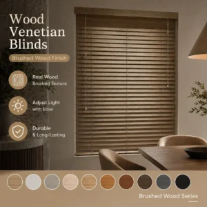 Custom Brushed Wood Venetian Blinds Cord Control Shades UV Blocking Home Light Control