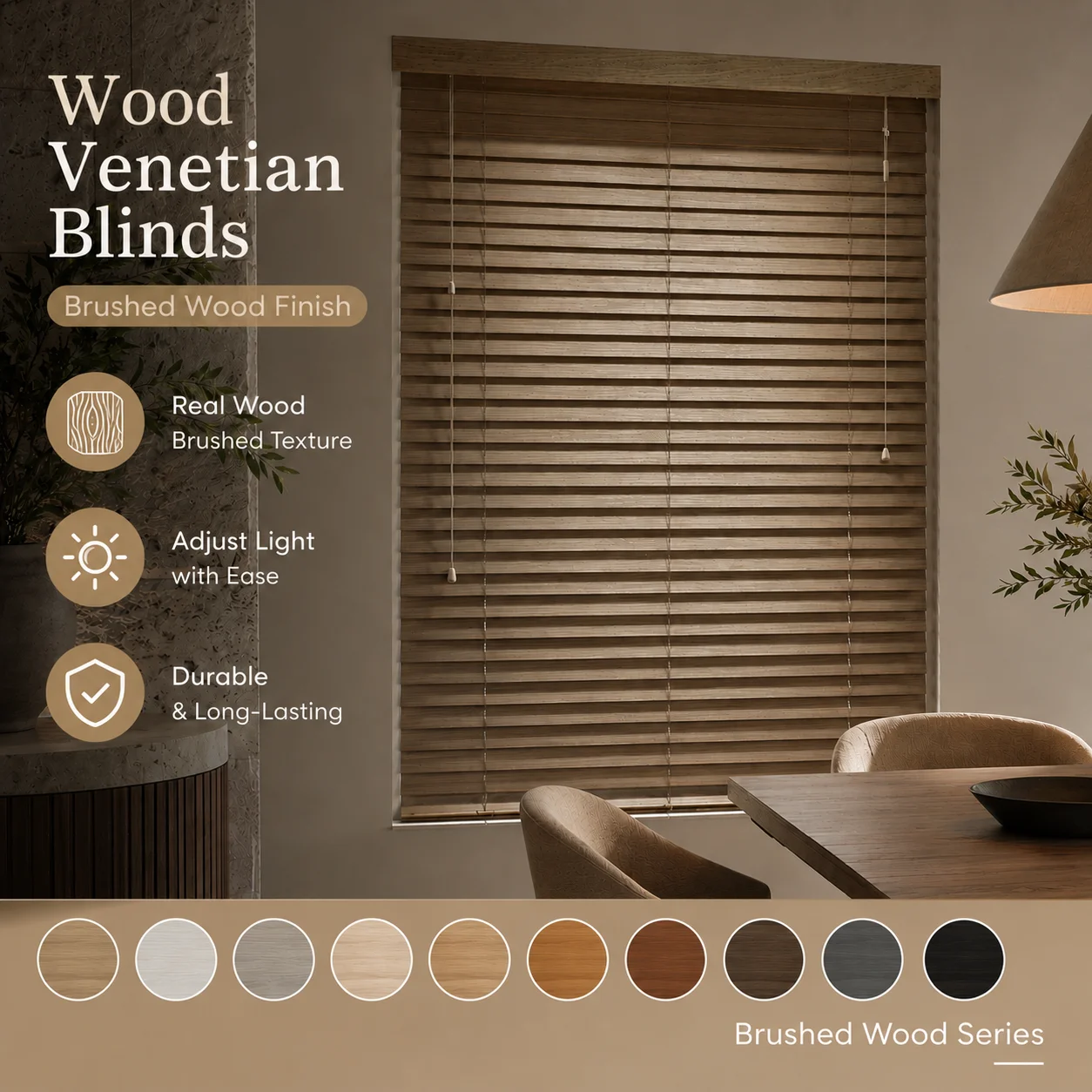 Custom Brushed Wood Venetian Blinds Cord Control Shades UV Blocking Home Light Control
