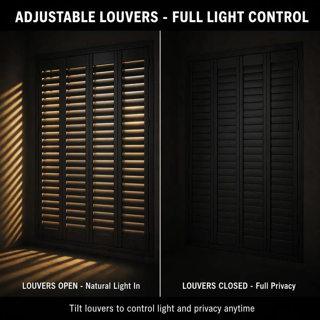 Custom Built-in Plantation Shutter Paulownia Painted 89mm Louver Butterfly Hinge Z Frame UV Blocking OEM Wholesale - Image 2