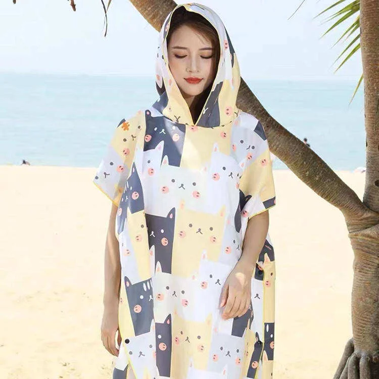 Custom Logo Lightweight Recycled Microfiber Poncho with Hood Adult Beach Towel Swim