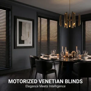 Custom Motorized Wood Venetian Blinds 50mm Cordless UV Blocking Remote OEM