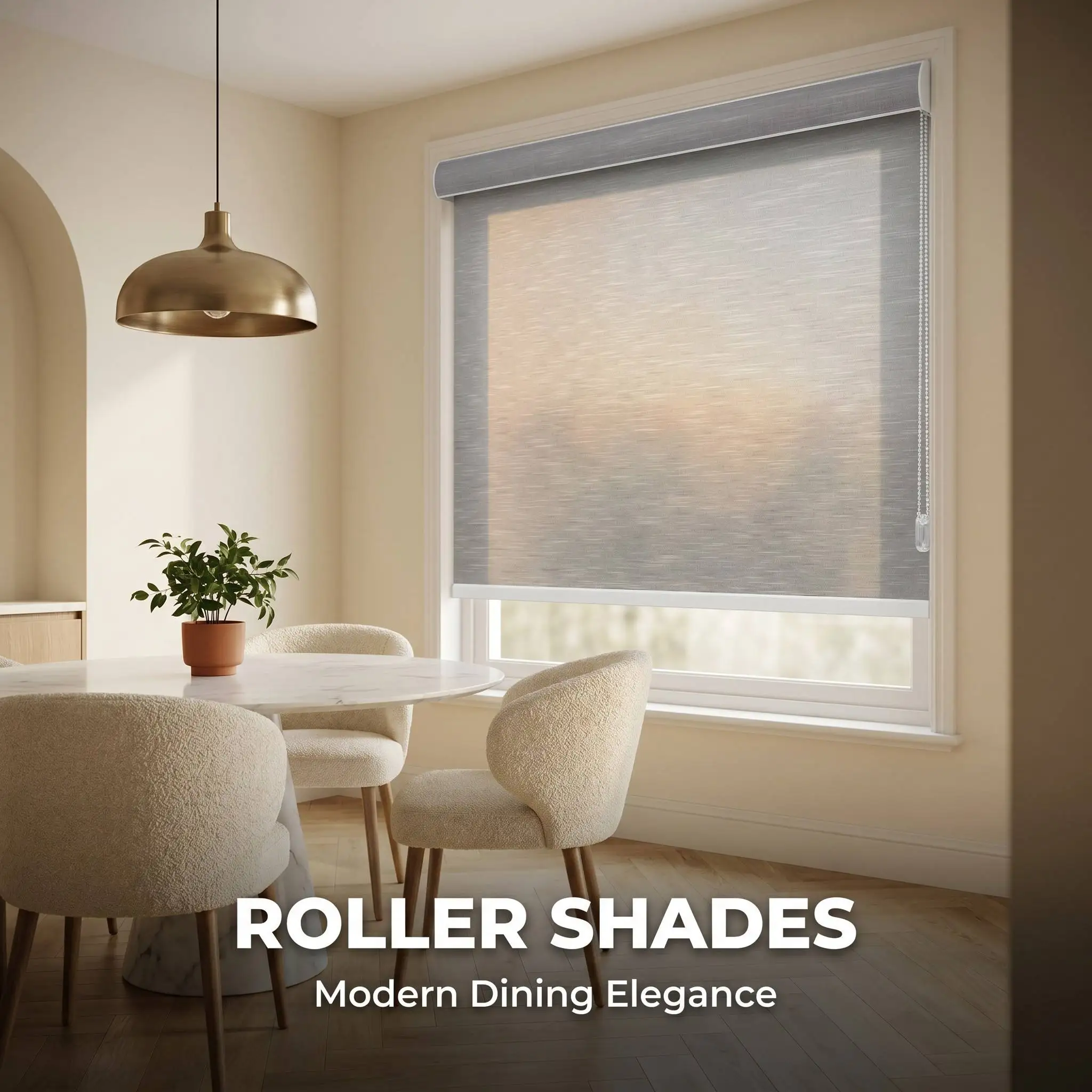 Custom Polyester Roller Shades Semi-Blackout Full Blackout Built-in Arc Headrail White Chain System UV Protection