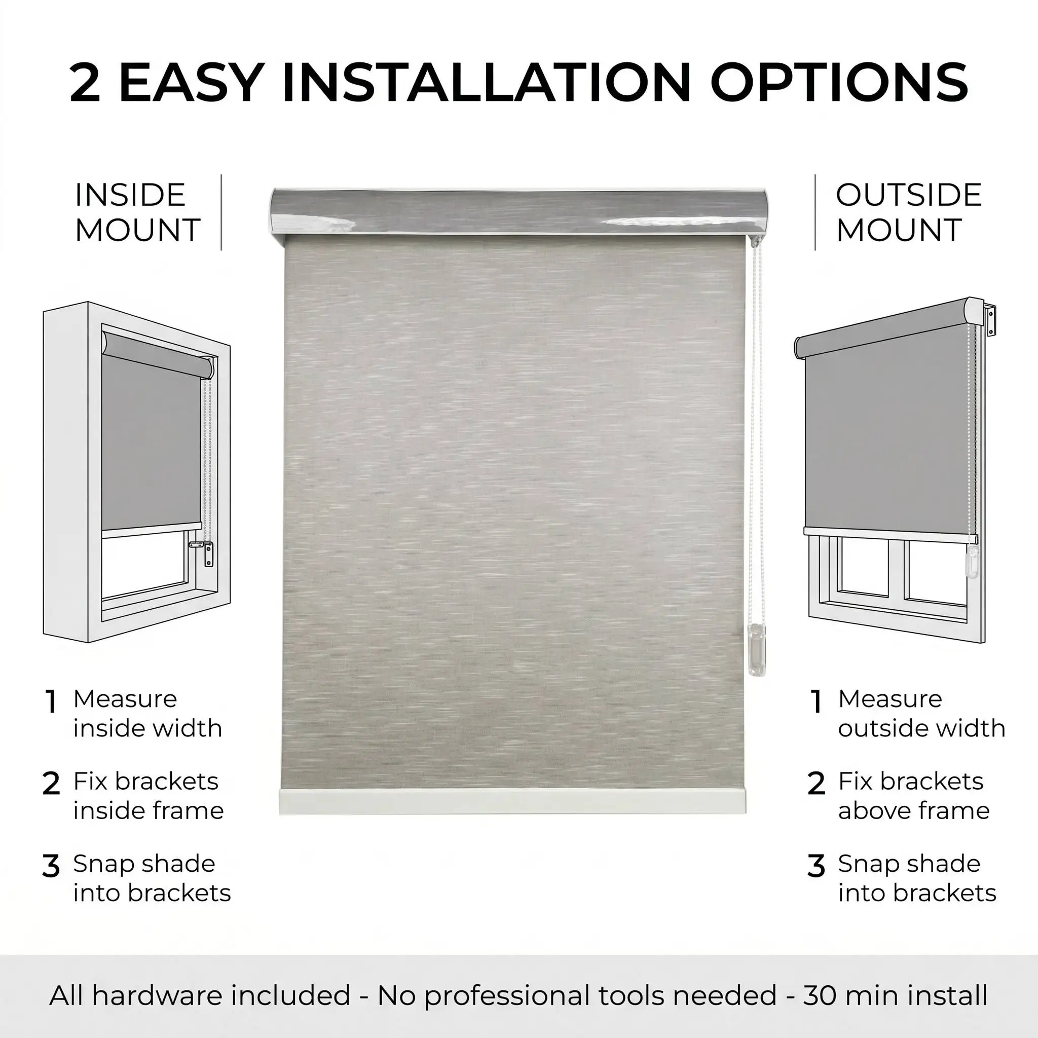 Custom Polyester Roller Shades Semi-Blackout Full Blackout Built-in Arc Headrail White Chain System UV Protection - Image 6