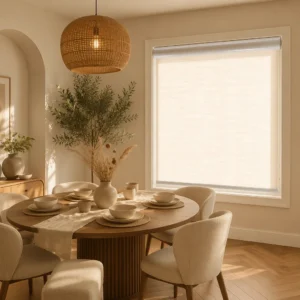 Custom Simple Motorized Roller Shades Semi-Sheer Arc Headrail USB Rechargeable Remote Control Anti-UV Dining Room Window
