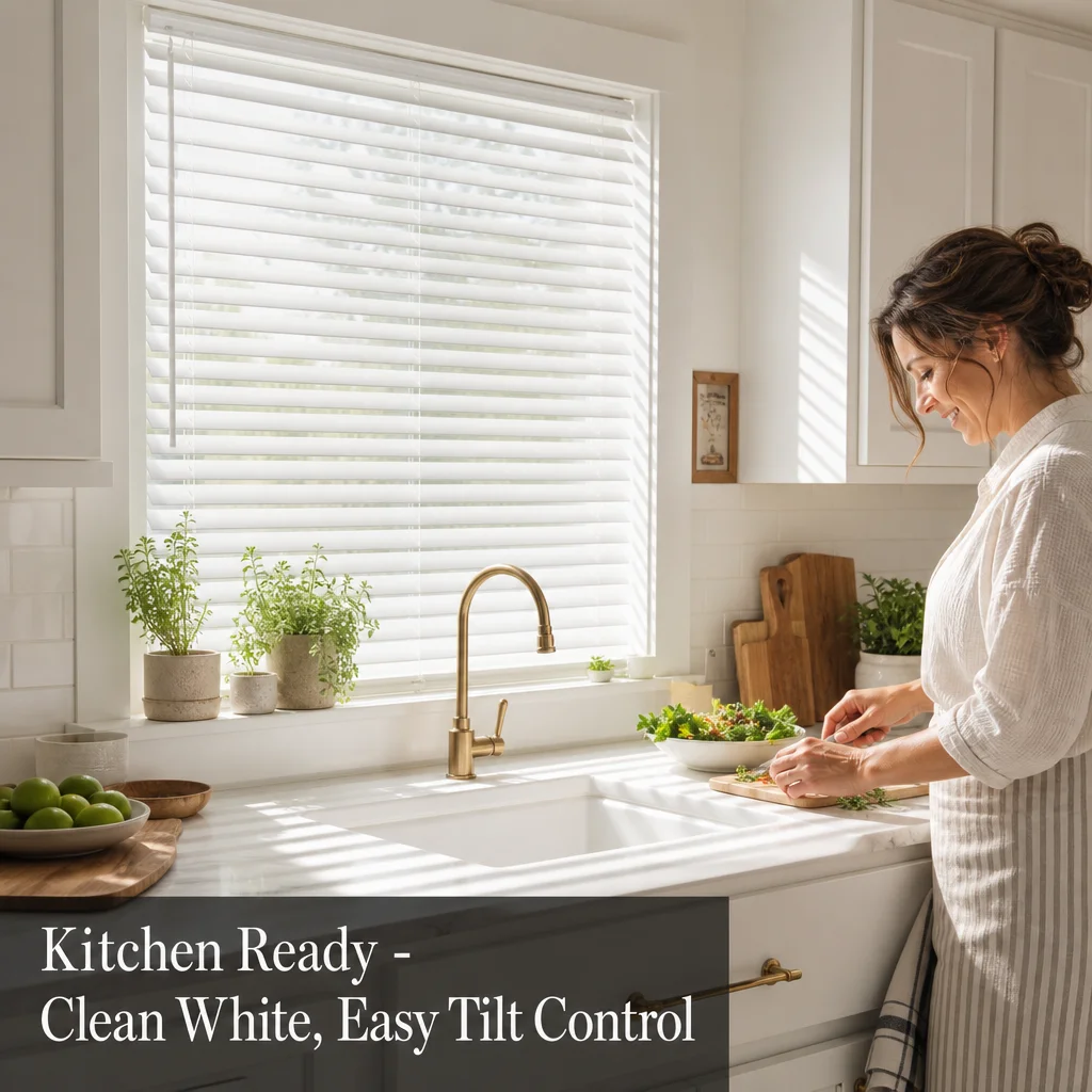 Custom Size 35mm White Painted Wood Venetian Blinds Anti-UV Eco-Friendly Wand Tilt