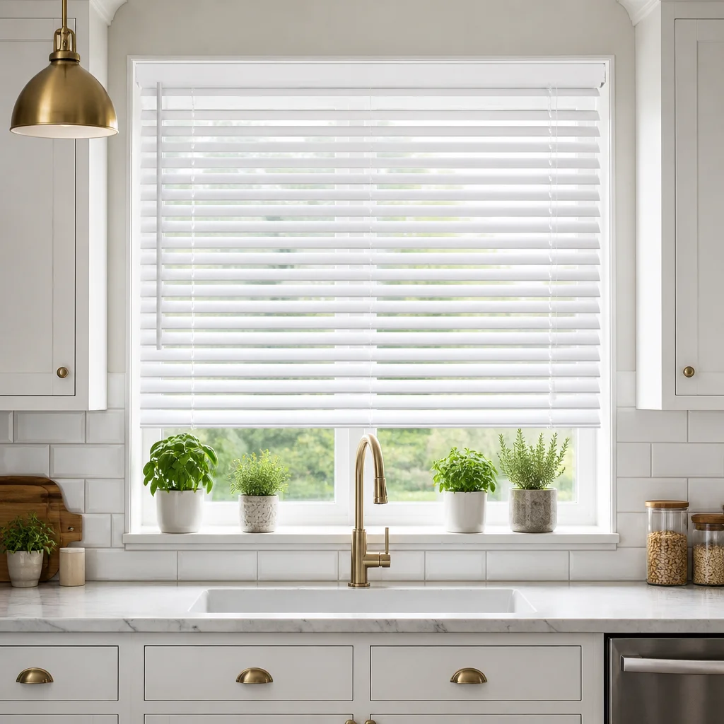 Custom Size 35mm White Painted Wood Venetian Blinds Anti-UV Eco-Friendly Wand Tilt - Image 2