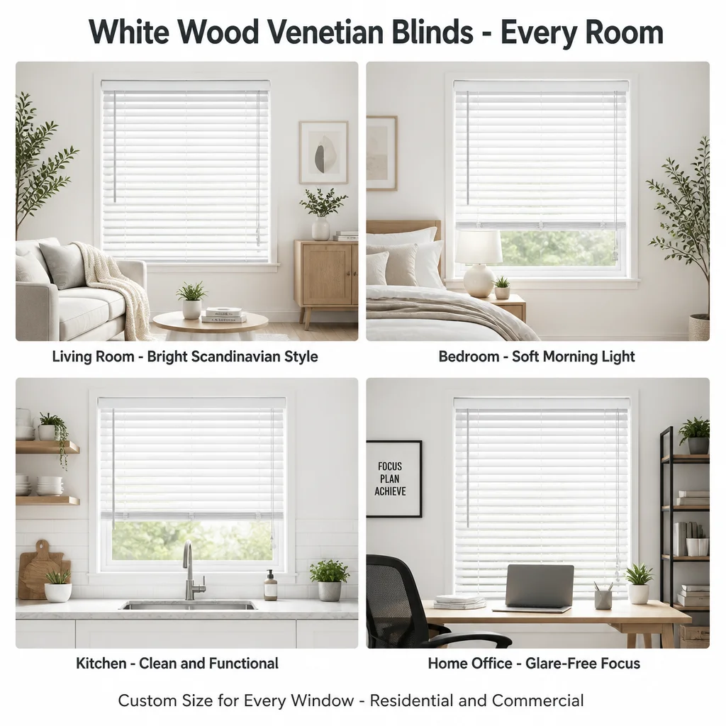 Custom Size 35mm White Painted Wood Venetian Blinds Anti-UV Eco-Friendly Wand Tilt - Image 4