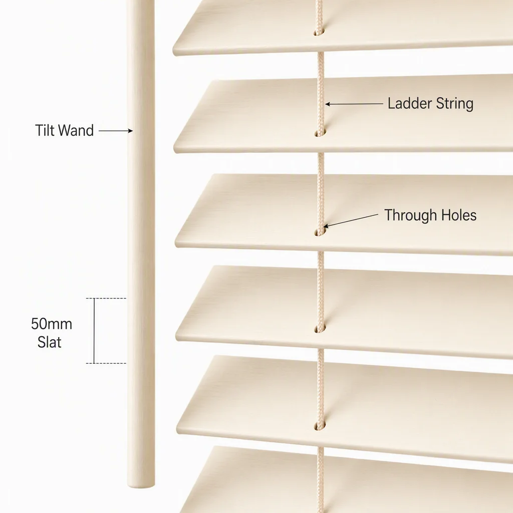 Custom Size 50mm Solid Wood Venetian Blinds Cream Painted Tilt Wand Pull Cord - Image 3