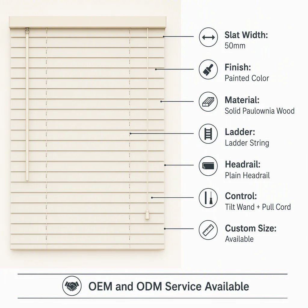 Custom Size 50mm Solid Wood Venetian Blinds Cream Painted Tilt Wand Pull Cord - Image 5