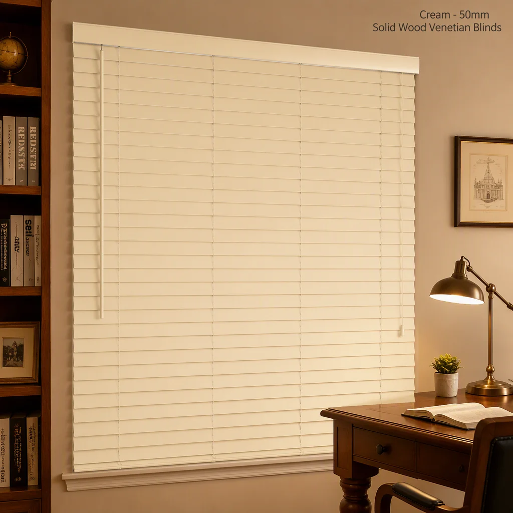 Custom Size 50mm Solid Wood Venetian Blinds Cream Painted Tilt Wand Pull Cord - Image 6