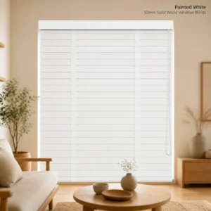 Custom Size 50mm Solid Wood Venetian Blinds Painted White Ladder String Chain System