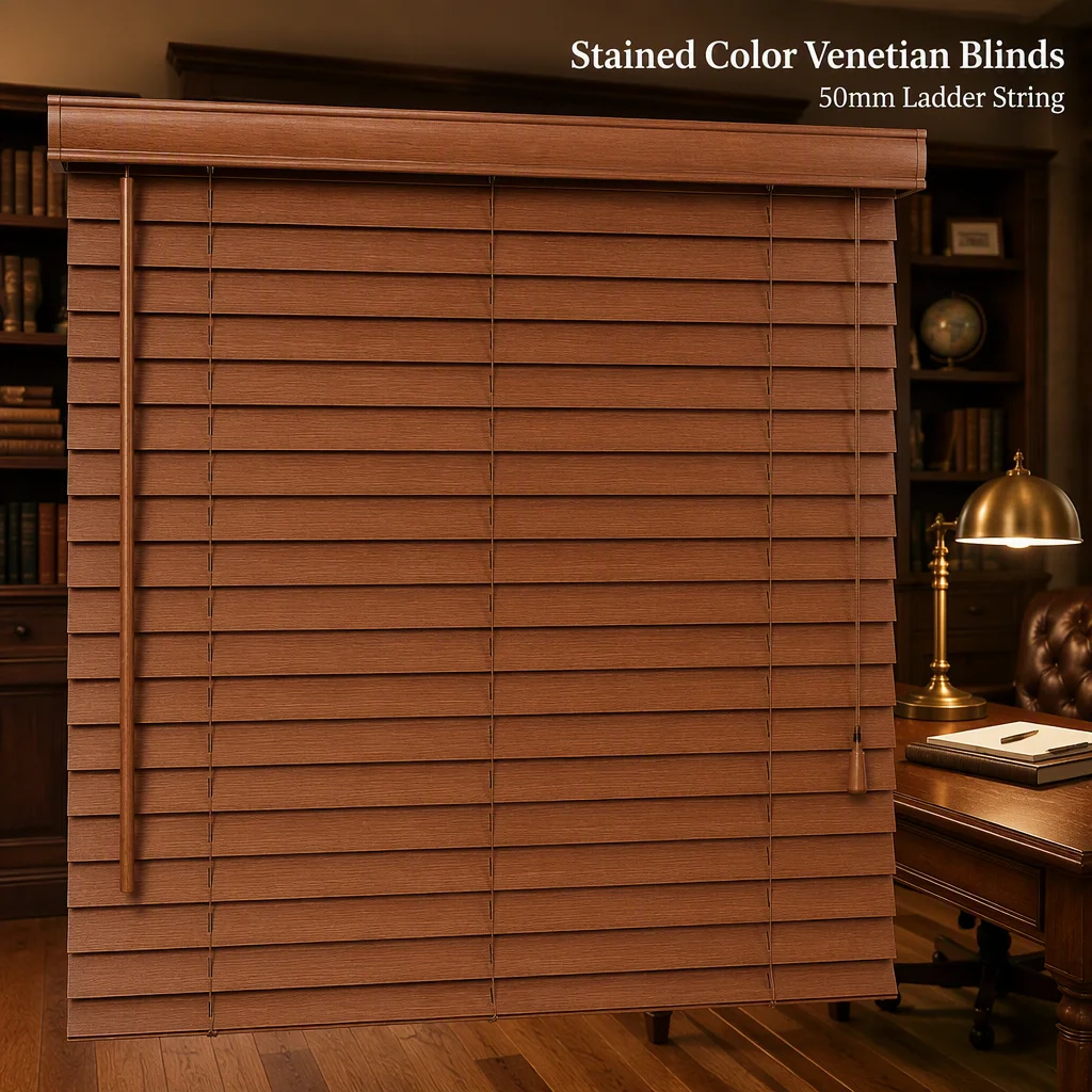 Custom Size 50mm Solid Wood Venetian Blinds Stained Color Tilt Wand Pull Cord - Image 3