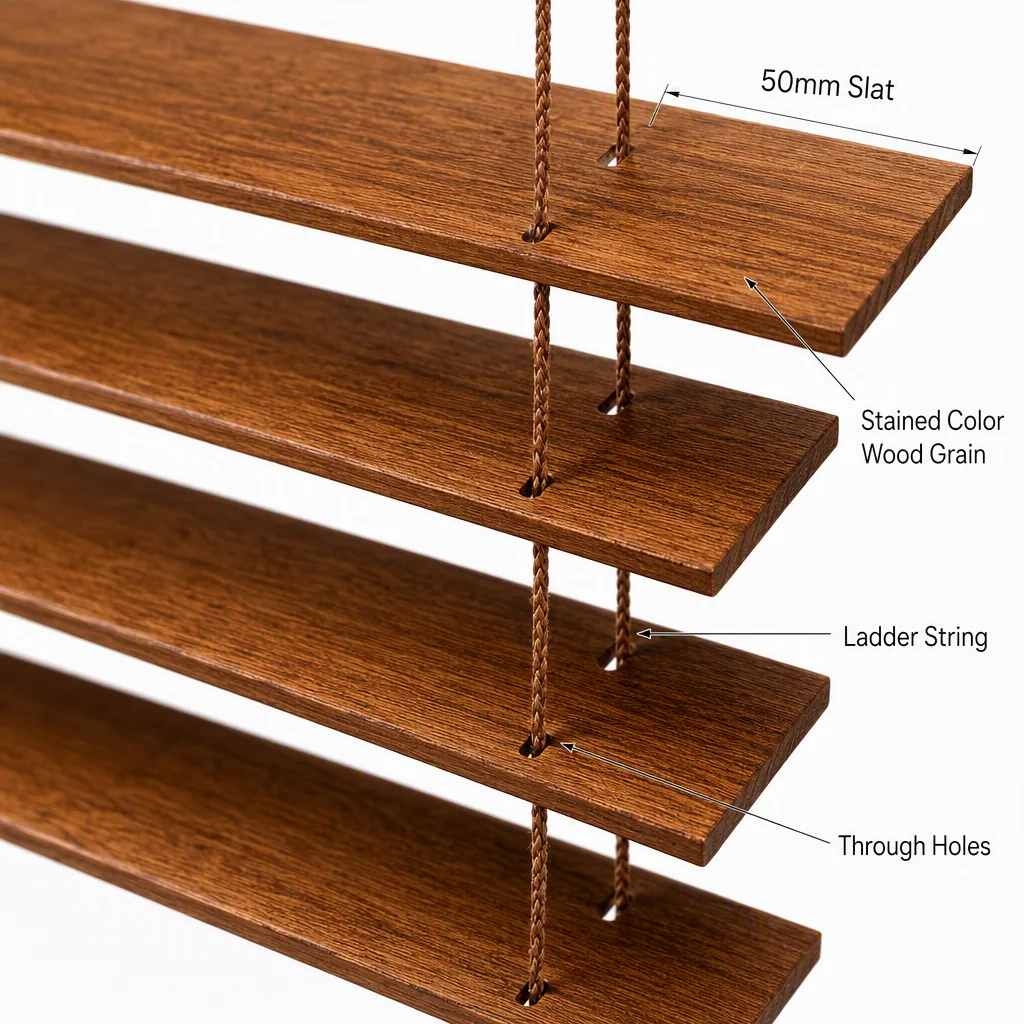 Custom Size 50mm Solid Wood Venetian Blinds Stained Color Tilt Wand Pull Cord - Image 4
