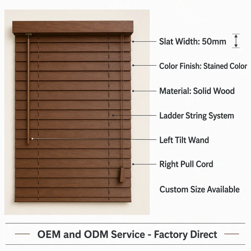 Custom Size 50mm Solid Wood Venetian Blinds Stained Color Tilt Wand Pull Cord - Image 5