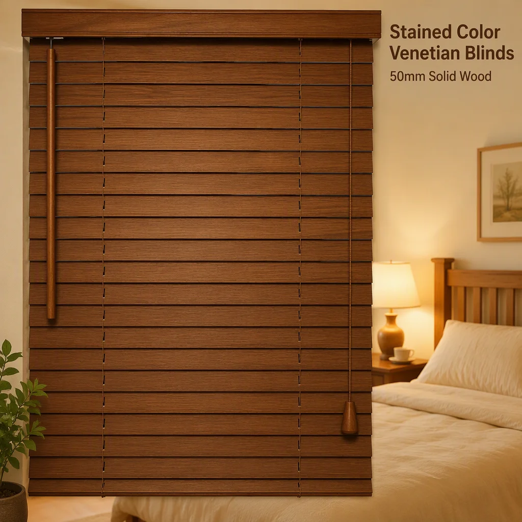 Custom Size 50mm Stained Wood Venetian Blinds Solid Paulownia Tilt Wand Pull Cord - Image 3