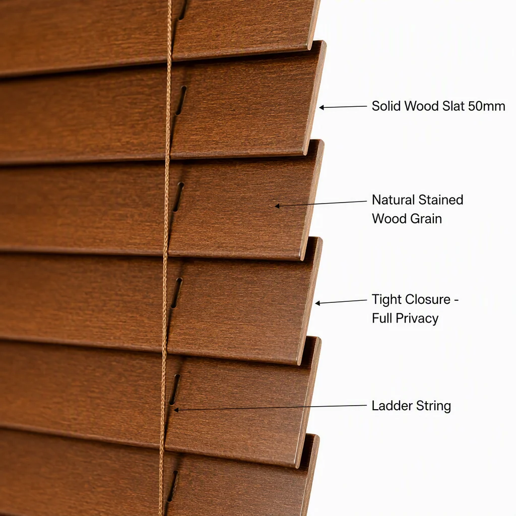 Custom Size 50mm Stained Wood Venetian Blinds Solid Paulownia Tilt Wand Pull Cord - Image 5