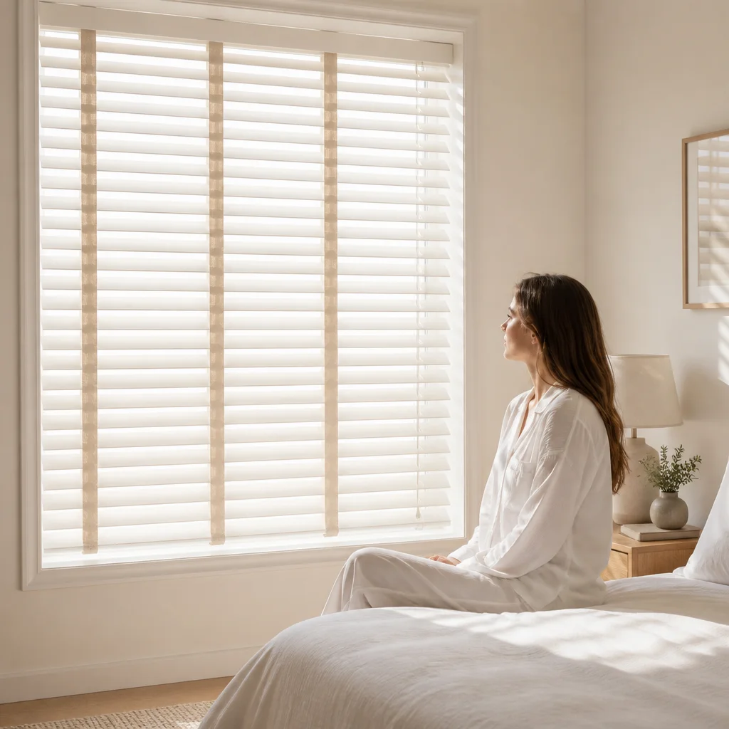Custom Size 50mm Venetian Blinds White Paulownia Cord Privacy Light Control