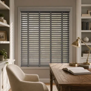 Custom Size 50mm Wood Venetian Blinds Gray Painted Slats Cord Control