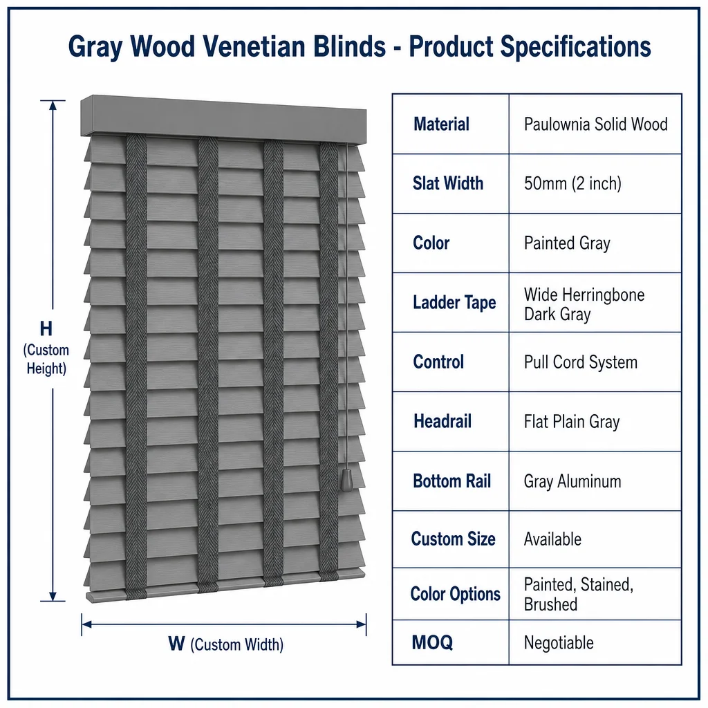 Custom Size 50mm Wood Venetian Blinds Gray Painted Slats Cord Control - Image 5