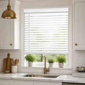 Custom Size 63mm White PVC Venetian Blinds Waterproof Crown Headrail Tilt Wand