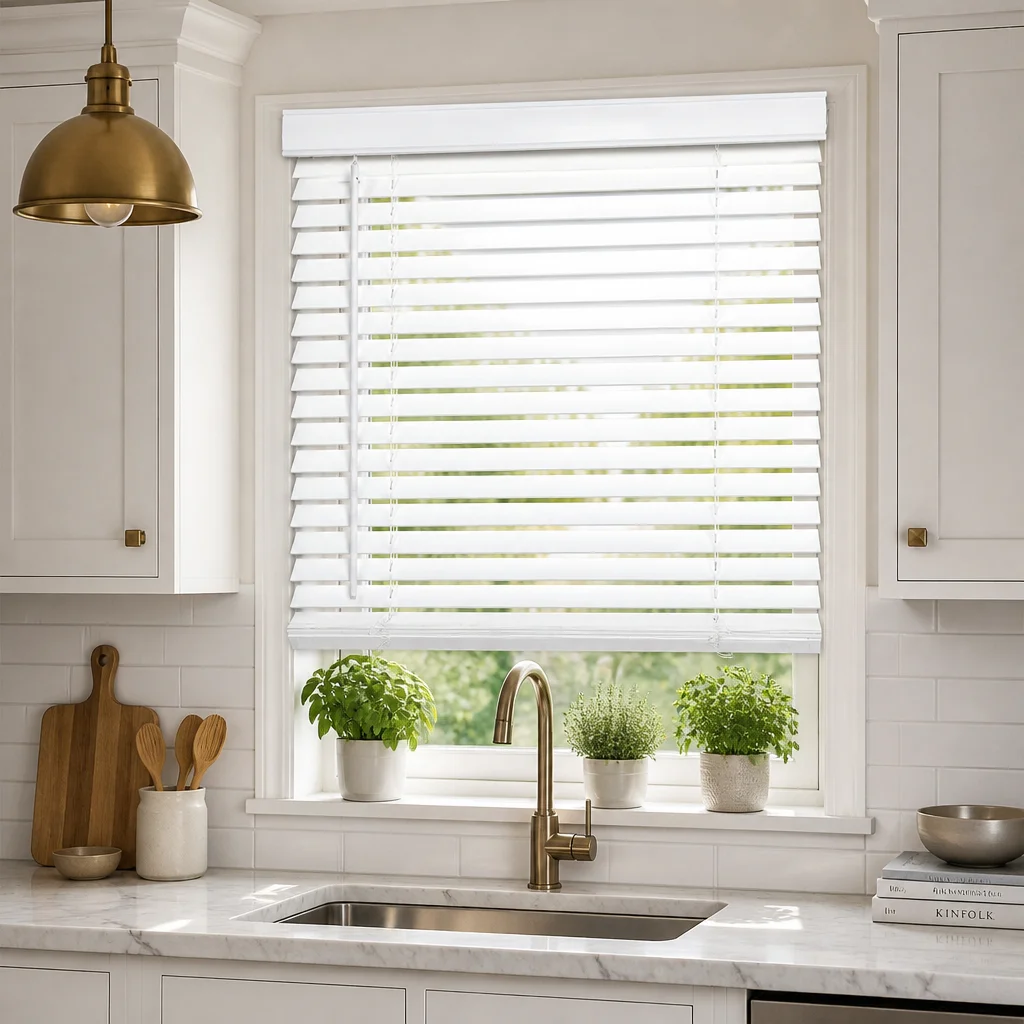 Custom Size 63mm White PVC Venetian Blinds Waterproof Crown Headrail Tilt Wand