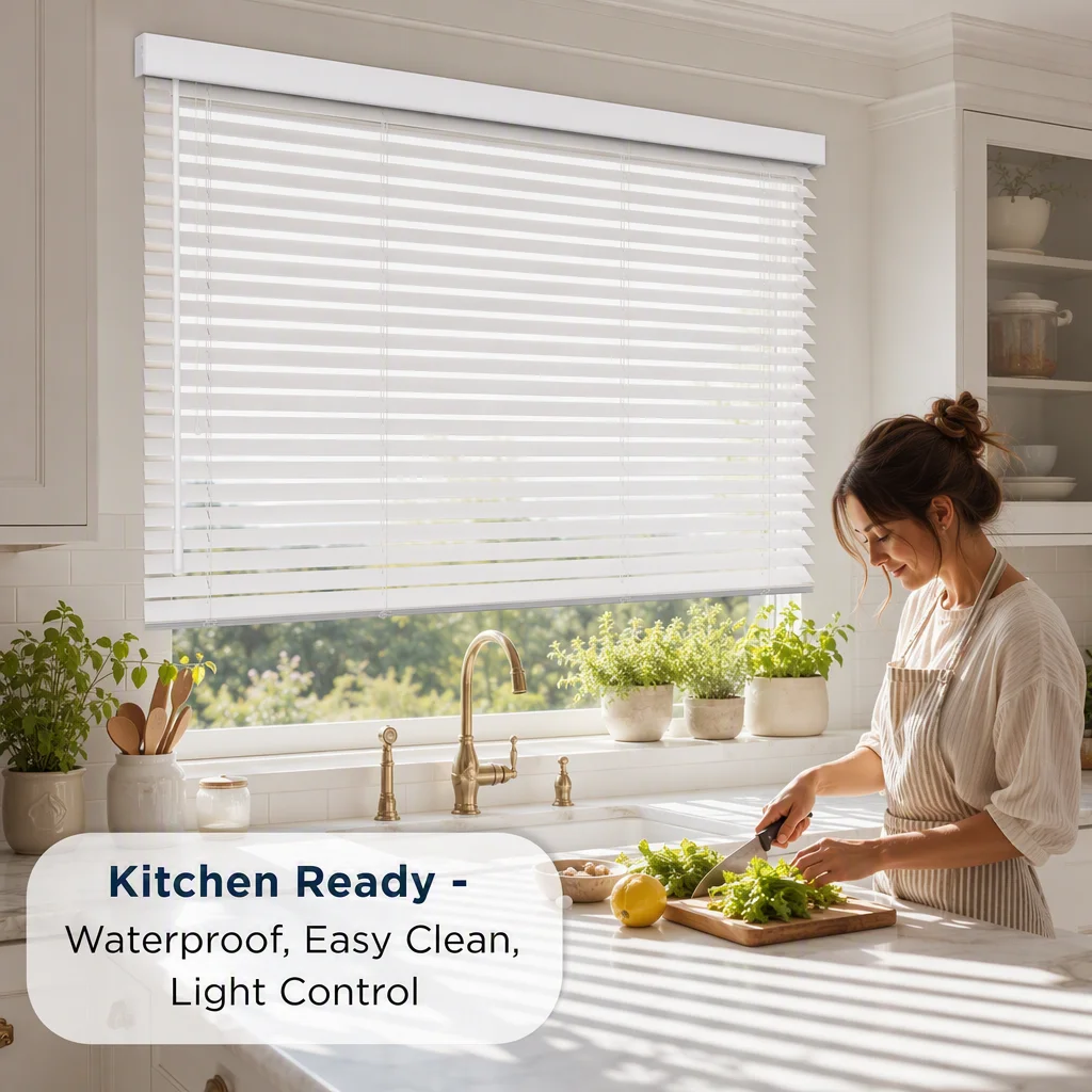 Custom Size 63mm White PVC Venetian Blinds Waterproof Crown Headrail Tilt Wand - Image 3