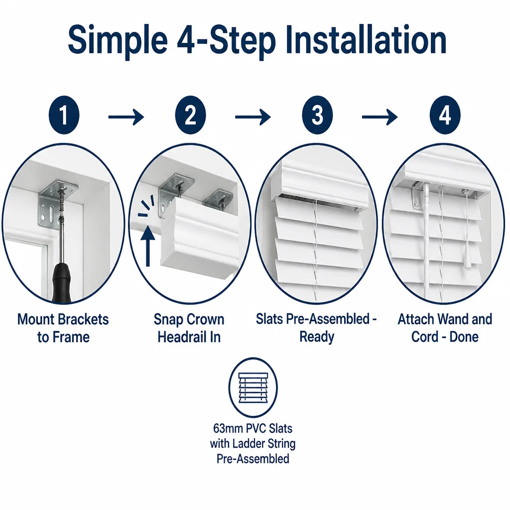 Custom Size 63mm White PVC Venetian Blinds Waterproof Crown Headrail Tilt Wand - Image 4