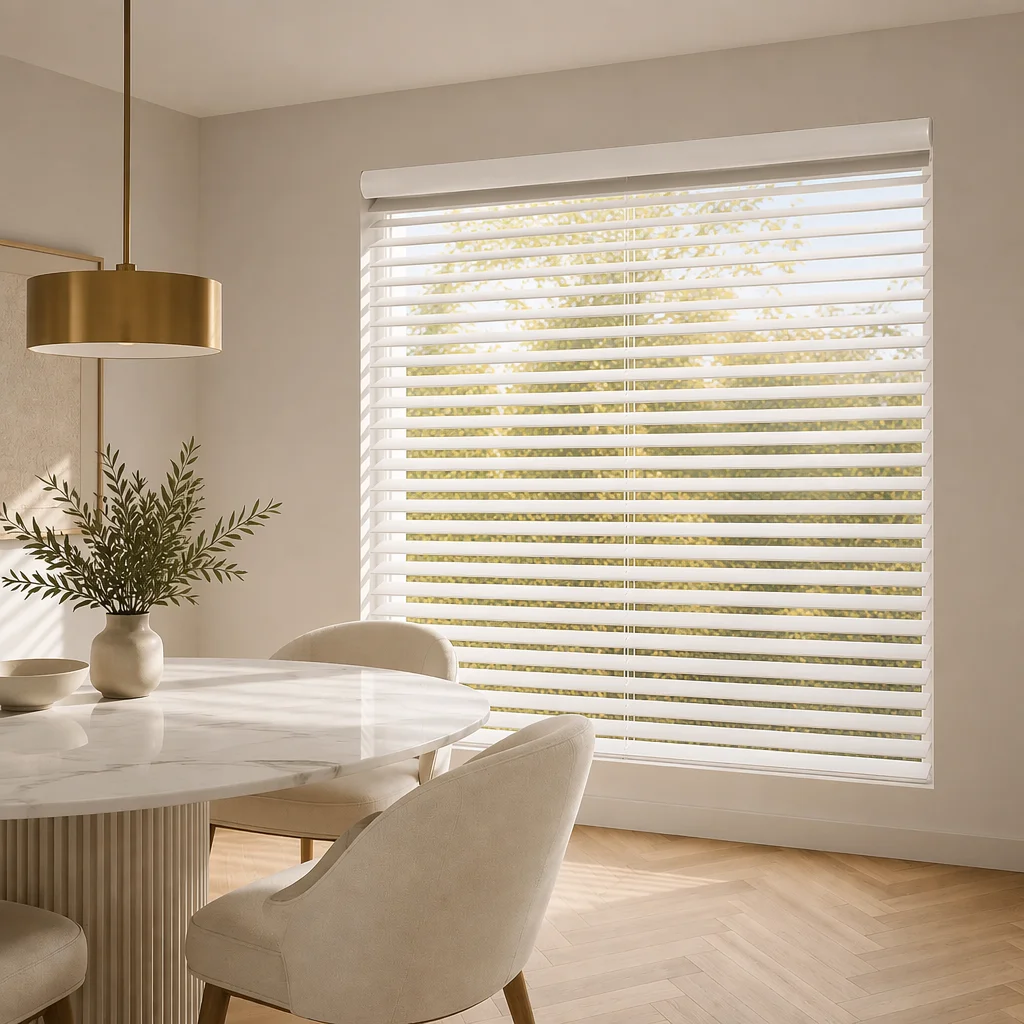 Custom Size Motorized Blinds 50mm White Wood Slats RF Remote UV Blocking