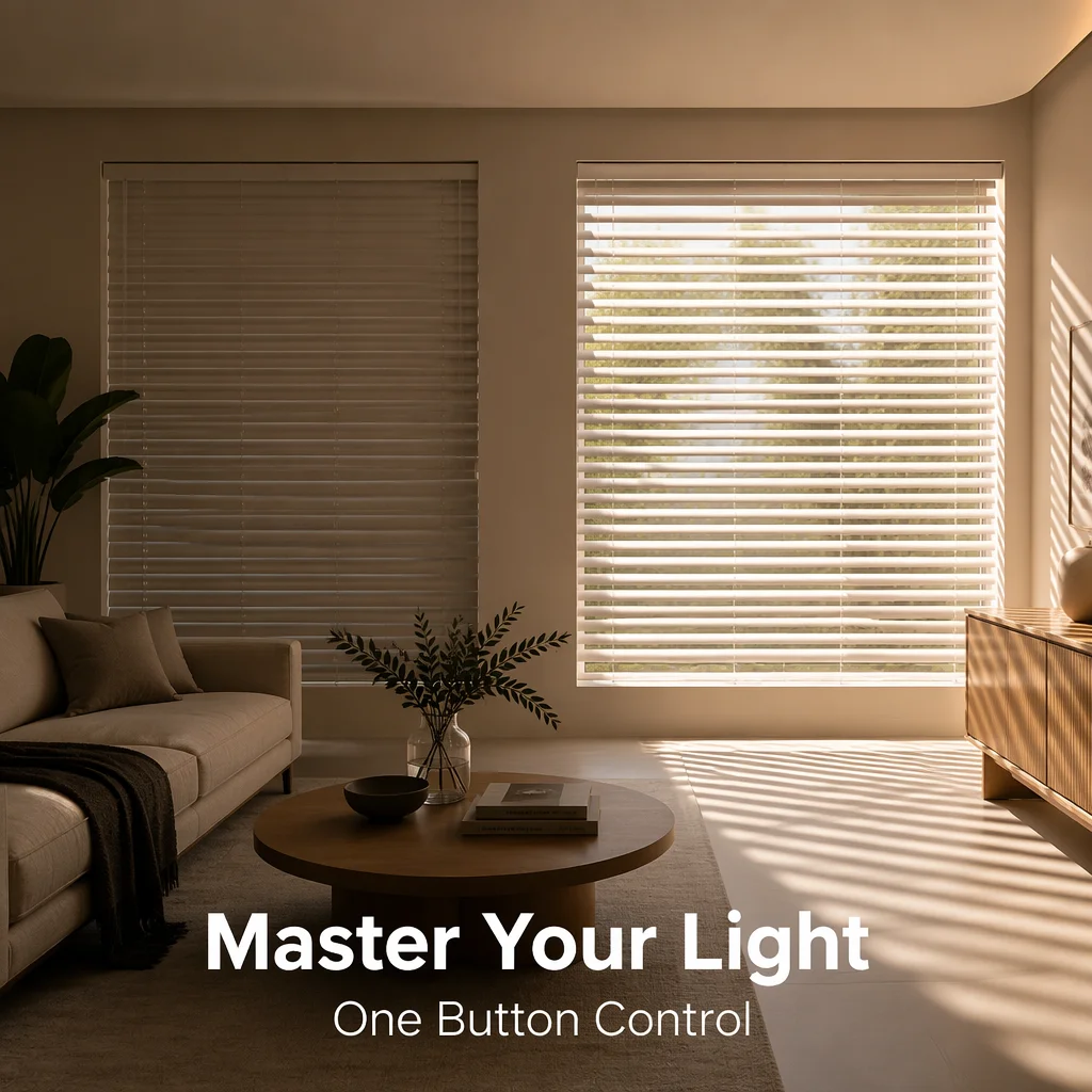 Custom Size Motorized Blinds 50mm White Wood Slats RF Remote UV Blocking - Image 3