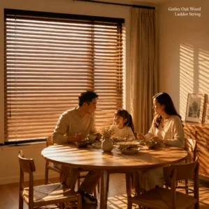 Custom Size Paulownia Wood Venetian Blinds Cord Control Black Headrail Dining Room Window