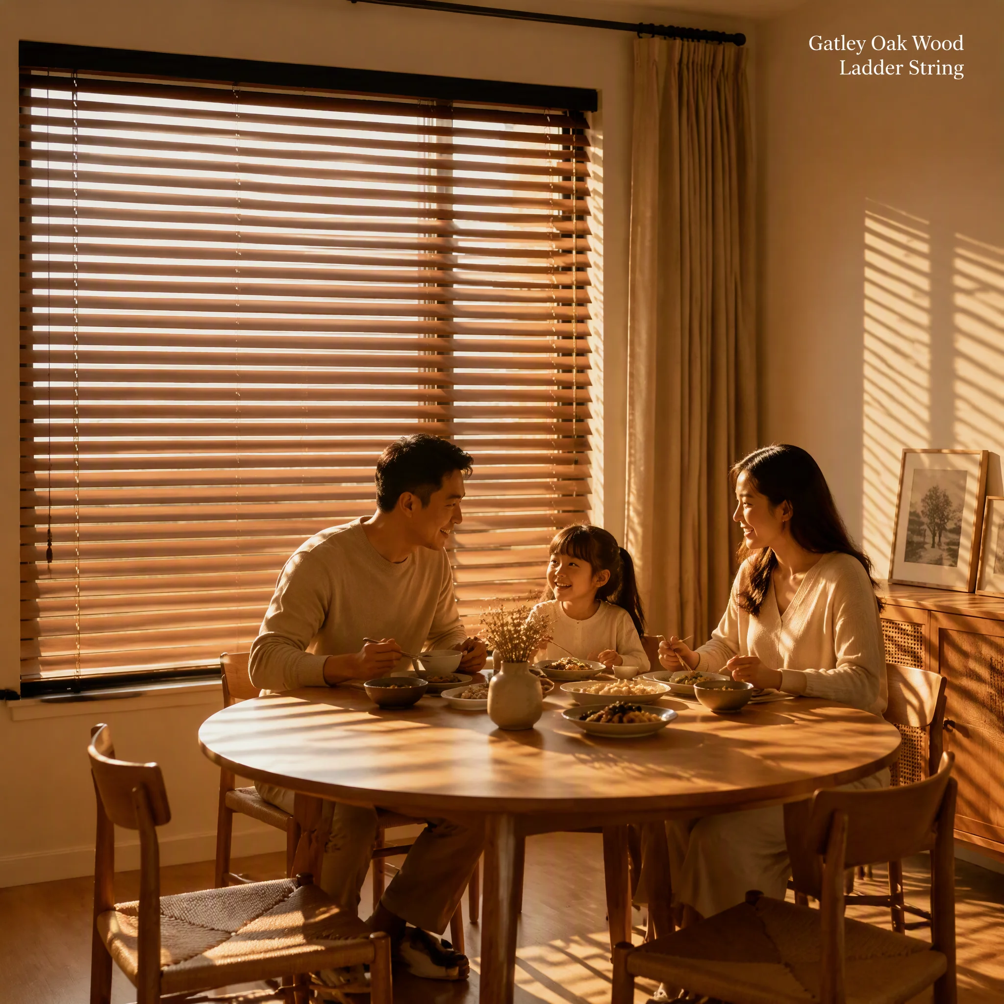 Custom Size Paulownia Wood Venetian Blinds Cord Control Black Headrail Dining Room Window