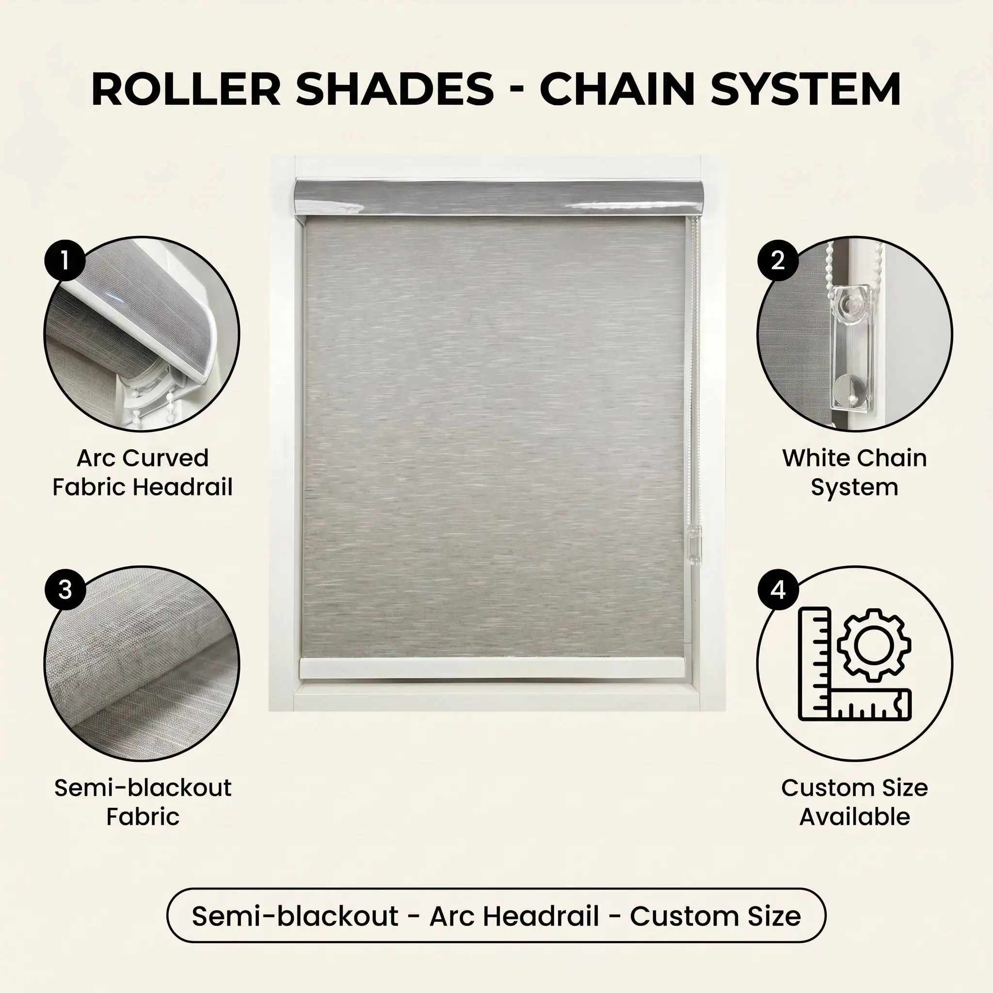 Custom Size Polyester Arc Curved Roller Shades Semi-Blackout Chain System Light Filtering - Image 2