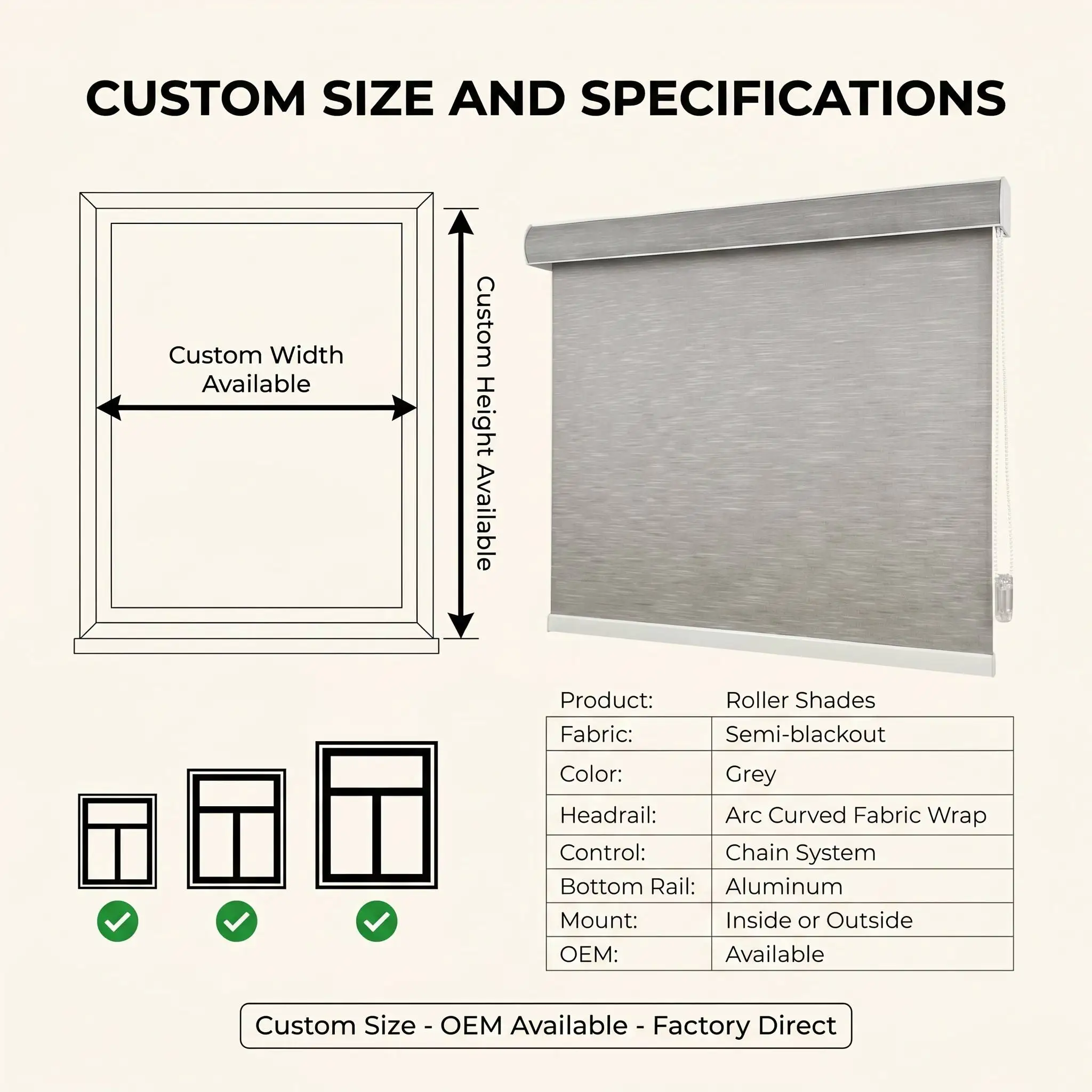 Custom Size Polyester Arc Curved Roller Shades Semi-Blackout Chain System Light Filtering - Image 5