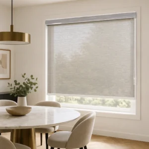 Custom Size Semi-Sheer Gray Woven Roller Shades Arc Headrail White Bead Chain