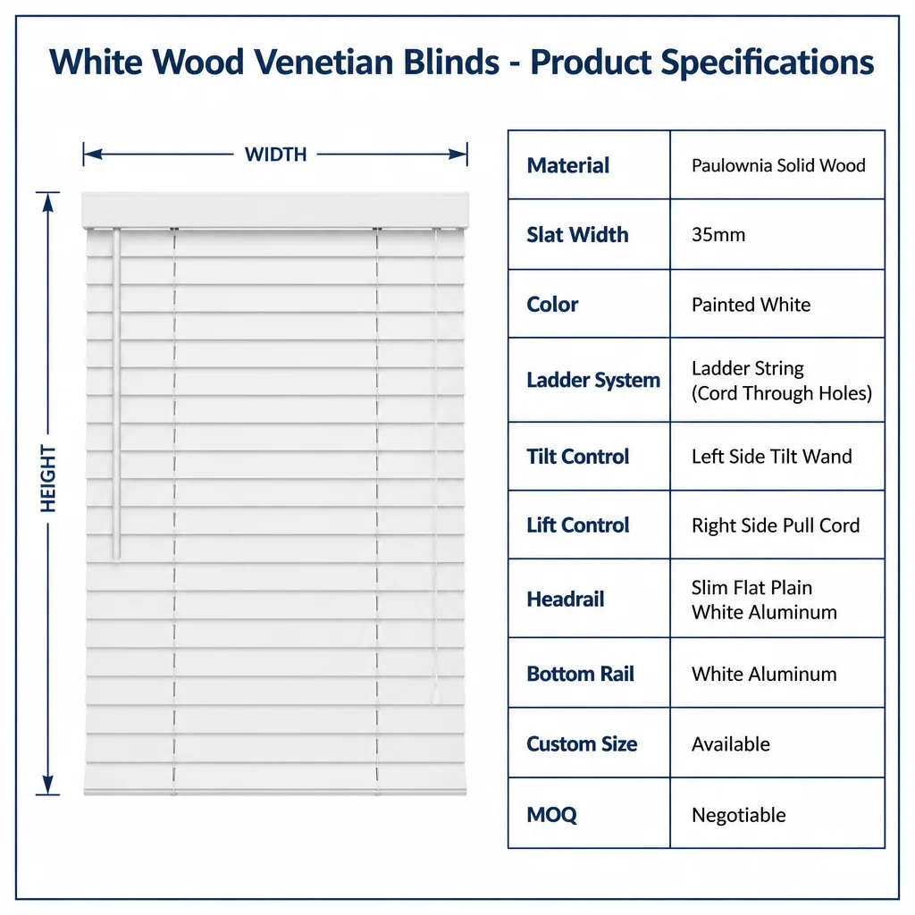 Custom Size Wood Venetian Blinds 35mm White Left Cord Right Wand - Image 6