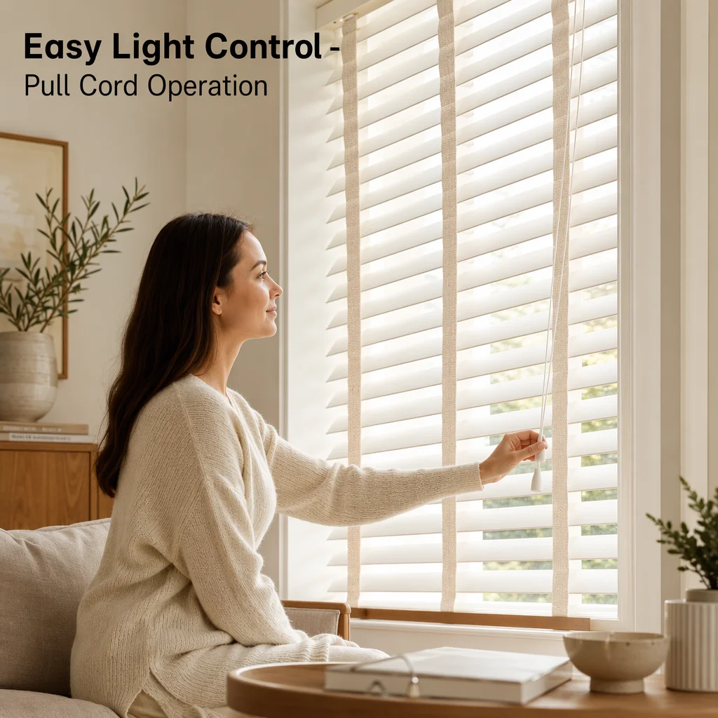 Custom Size Wood Venetian Blinds 50mm White Slats Cord Pull