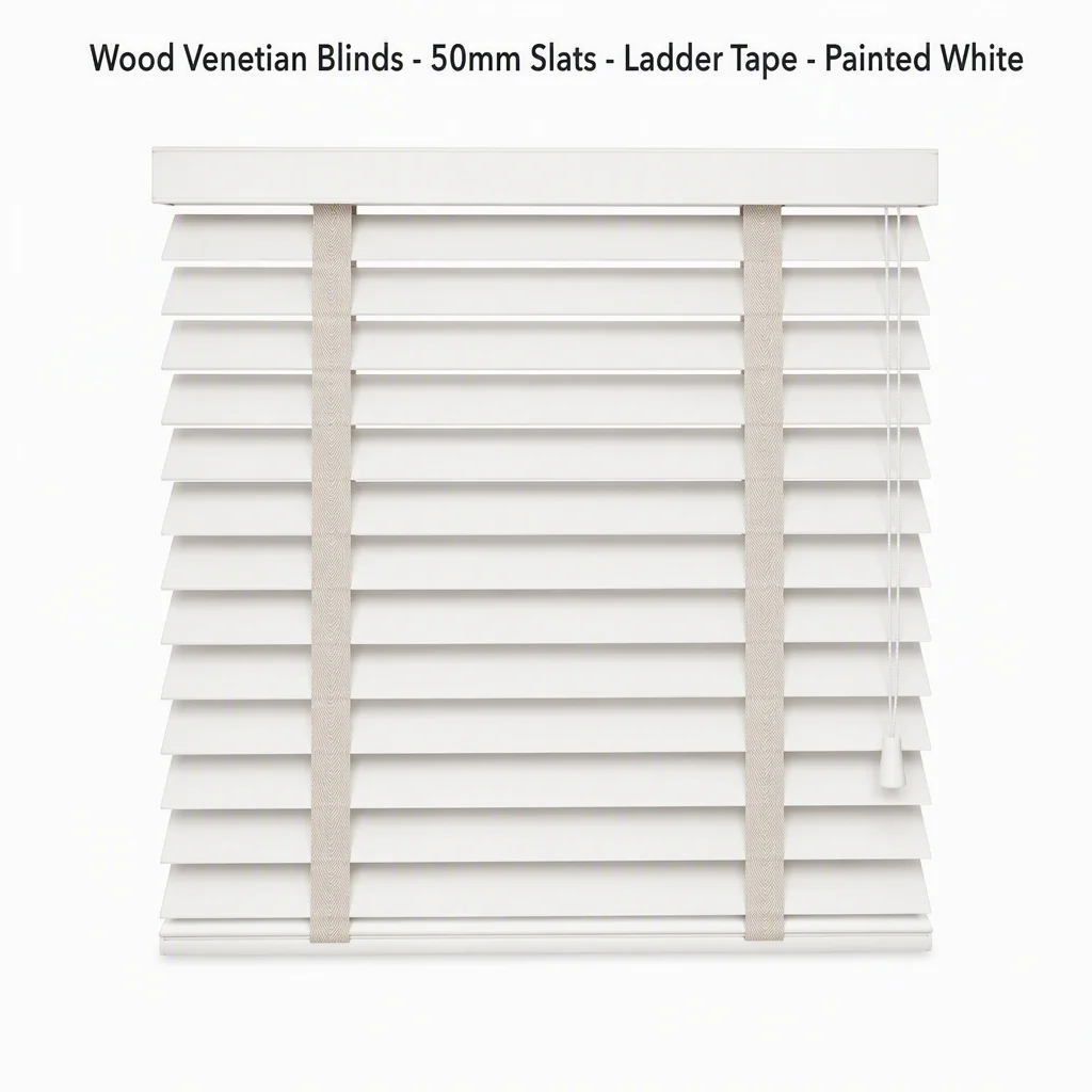 Custom Size Wood Venetian Blinds 50mm White Slats Cord Pull - Image 3