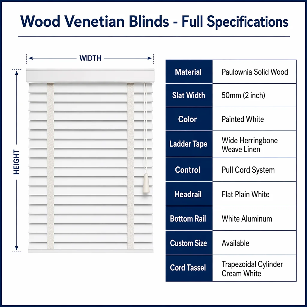 Custom Size Wood Venetian Blinds 50mm White Slats Cord Pull - Image 6