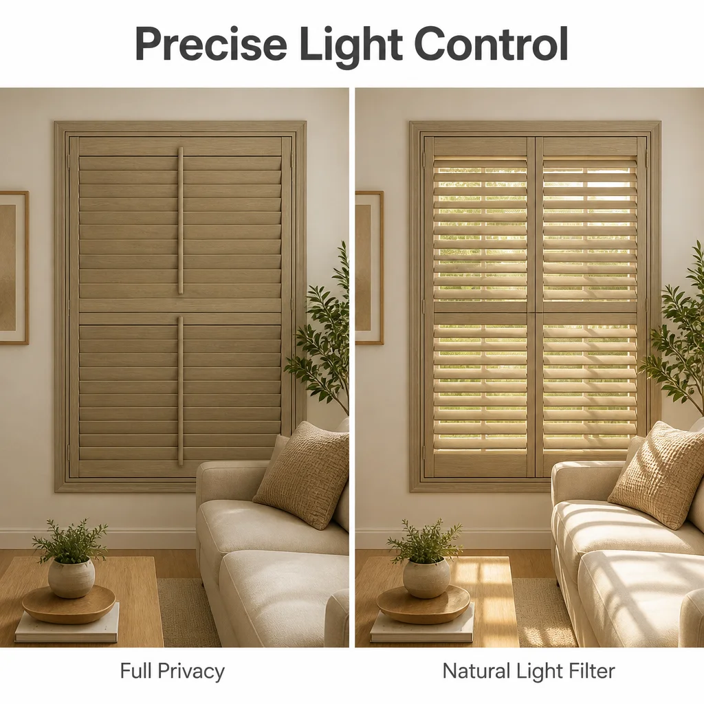 Custom Solid Paulownia Wood Plantation Shutter 63mm Louvre Tilt Rod OEM Wholesale - Image 3