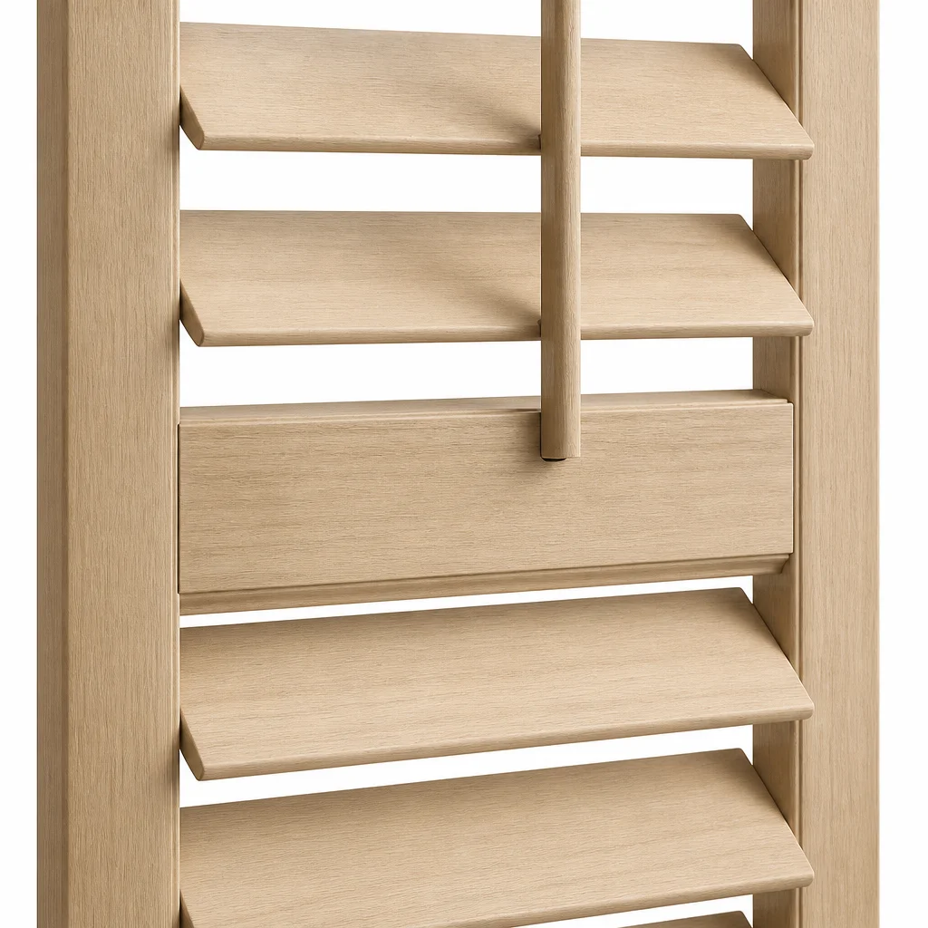 Custom Solid Paulownia Wood Plantation Shutter 63mm Louvre Tilt Rod OEM Wholesale - Image 4