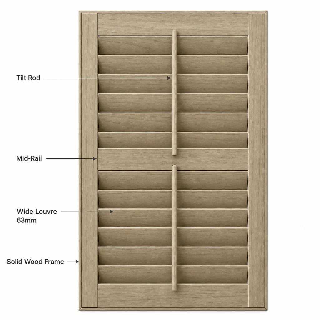 Custom Solid Paulownia Wood Plantation Shutter 63mm Louvre Tilt Rod OEM Wholesale - Image 6