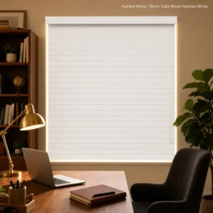 Custom Solid Wood Venetian Blinds 50mm Painted White Built-In Headrail UV Blocking