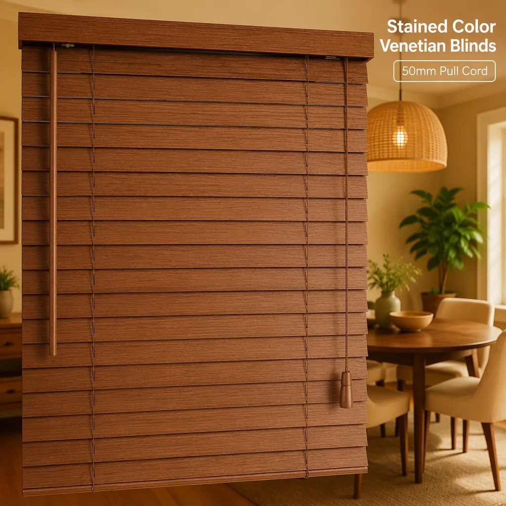 Custom Stained Solid Wood Venetian Blinds 50mm Ladder String Tilt Wand OEM Factory - Image 3