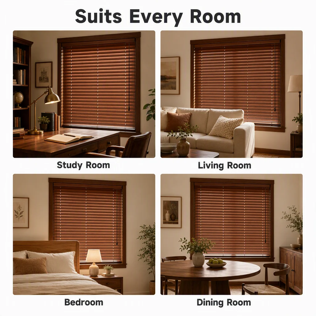 Custom Stained Solid Wood Venetian Blinds 50mm Ladder String Tilt Wand OEM Factory - Image 4