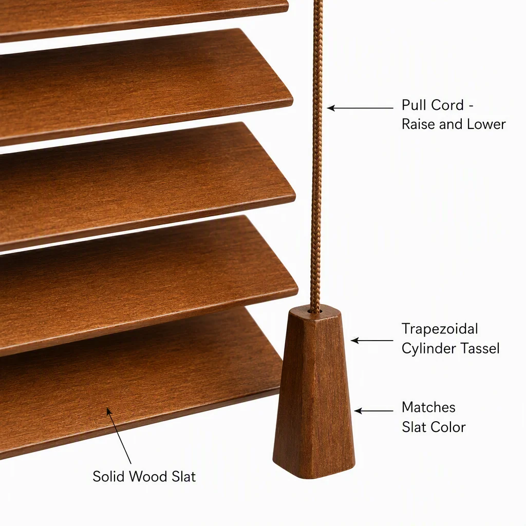 Custom Stained Solid Wood Venetian Blinds 50mm Ladder String Tilt Wand OEM Factory - Image 6