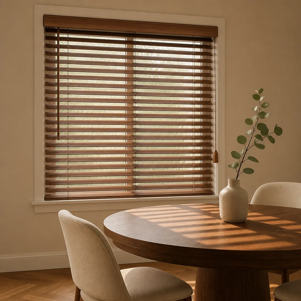 Custom Stained Wood Venetian Blinds 50mm Solid Paulownia Slat Tilt Wand OEM - Image 2