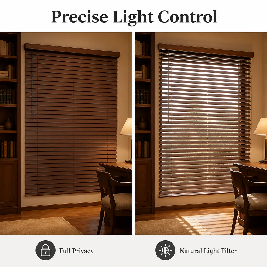 Custom Stained Wood Venetian Blinds 50mm Solid Paulownia Slat Tilt Wand OEM - Image 4