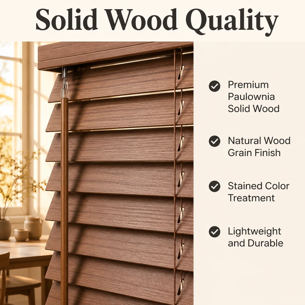 Custom Stained Wood Venetian Blinds 50mm Solid Paulownia Slat Tilt Wand OEM - Image 5