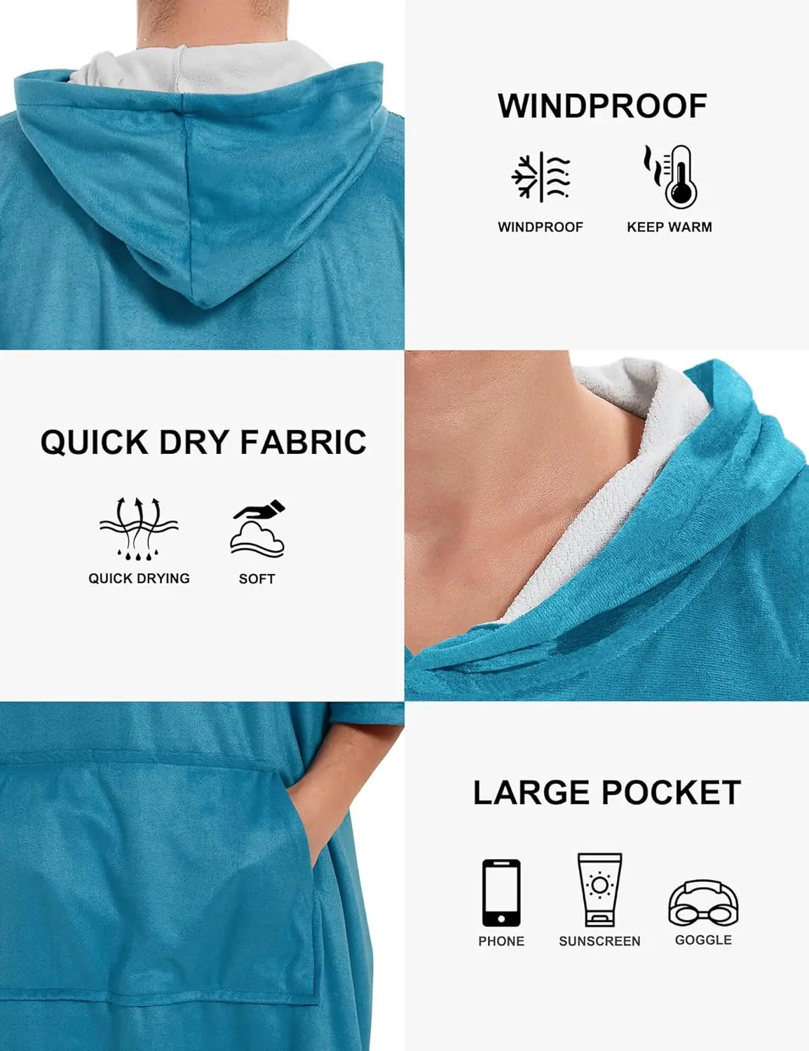 Customized Logo Microfiber Hooded Beach Towel Solid Color Surf Poncho for Adults - Image 3