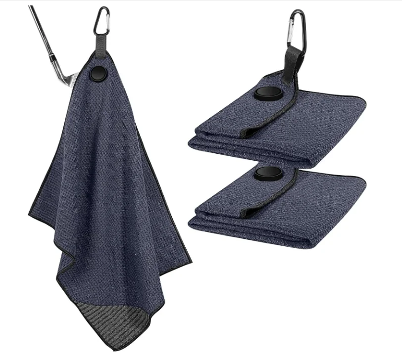 Customized Logo Microfiber Waffle Golf Towel Magnetic Button Carabiner Clip